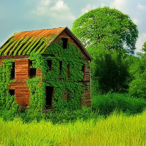 Image similar to kudzu vines wrapping around an old farmhouse, American west, surrealism