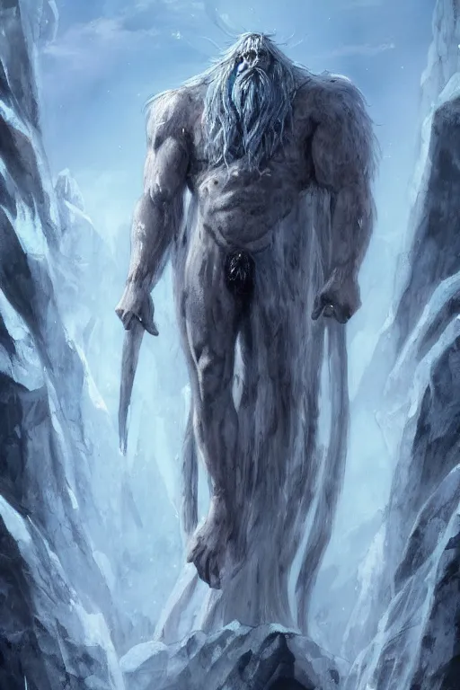 Image similar to north mythology concept art painting of ice gigant ymir the ancestor of all giants by james gurney, trending on artstation, detailed