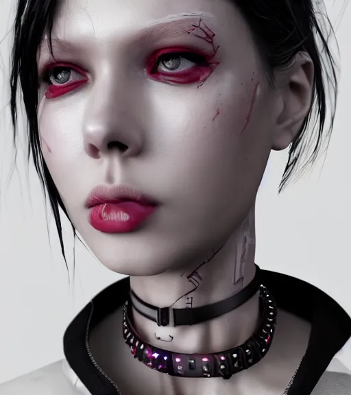 Image similar to detailed realistic female character cyberpunk wearing thick technological collar around neck, realistic, art, beautiful, 4K, collar, choker, collar around neck, punk, artstation, detailed, female, woman, choker, cyberpunk, neon, punk, collar, choker, collar around neck, thick collar, tight around neck, punk,