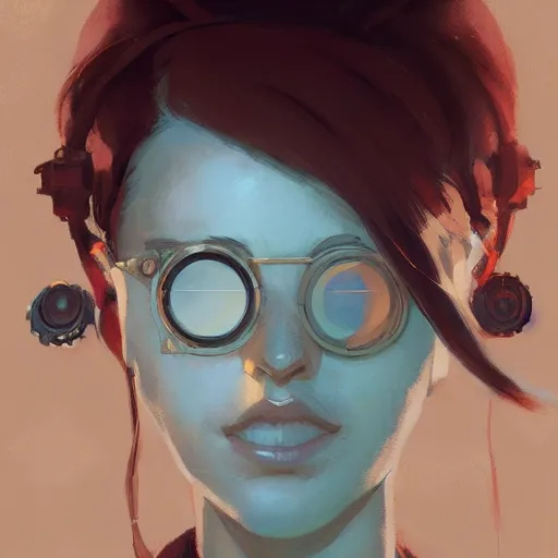 Image similar to portrait of beautiful steampunk maiden, by atey ghailan, by greg rutkowski, james gilleard, greg manchess, dynamic lighting, gradient light blue, brown, blonde cream and white color scheme, grunge aesthetic