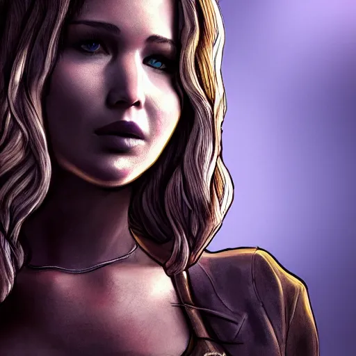 Image similar to jennifer lawrence portrait, borderlands, tales from the borderlands, the wolf among us, comic, cinematic lighting, studio quality, 8 k