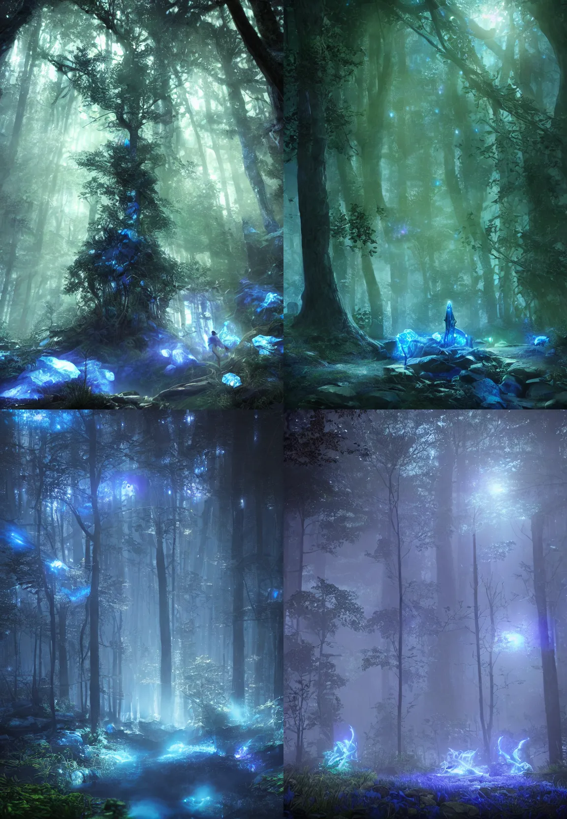 Prompt: glowing blue gemstone in a fantasy forest at night, artstation hq, photorealistic, hiperrealistic, sharp focus, 4 k uhd, unreal engine 5, cinematic shot, cinematic lightning, dark tones, high contrast, intricate, masterpiece, brian froud