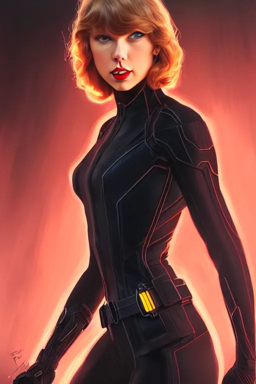 Image similar to taylor swift as black widow, realistic portrait, symmetrical, highly detailed, digital painting, artstation, concept art, smooth, sharp focus, illustration, cinematic lighting, art by artgerm and greg rutkowski and alphonse mucha