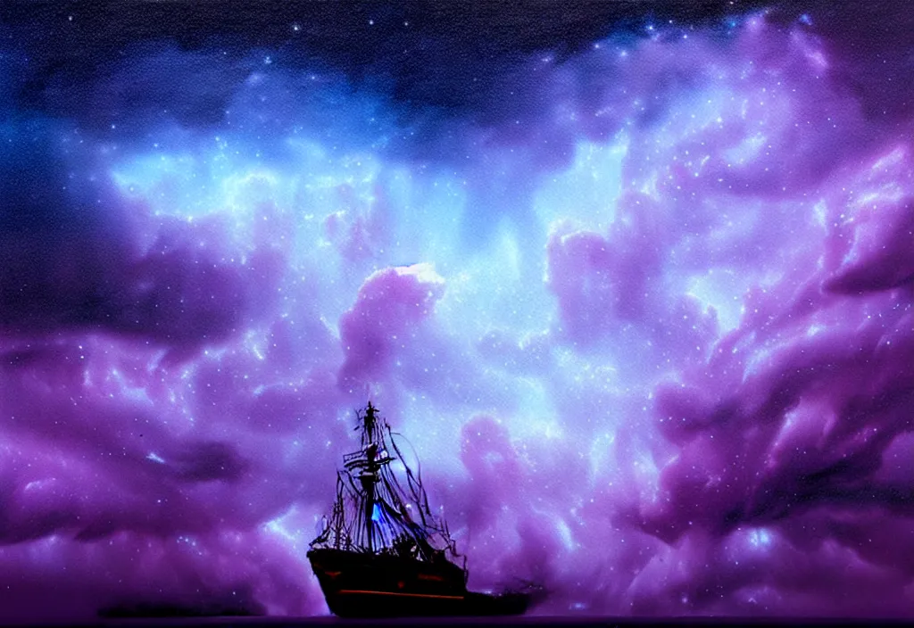 Image similar to purple color lighting storm with stormy sea close up of a pirate ship firing its cannons trippy nebula sky with dramatic clouds painting by banksy Photorealism