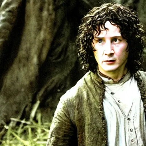 Image similar to keanu reeves as frodo baggins, still image from lord of the rings