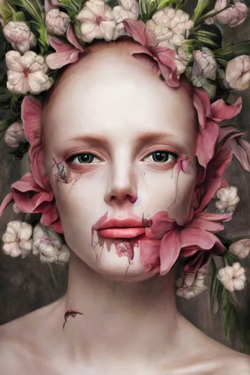 Prompt: hyperrealism close-up portrait of flowers merged with with melting medieval female cyborg , microchips, pale skin, wearing dark silk, in style of classicism