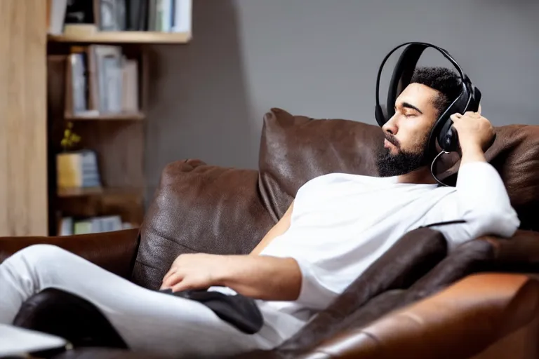 Image similar to a man that is deep in thought is wearing a white t - shirt and black sweat pants and wearing over the ear headphones is sitting in a brown leather reclining chair in a living room