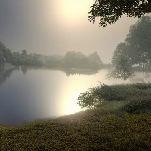 Image similar to still shot of a lake covered in morning fog, highly detailed, photorealistic portrait, bright studio setting, studio lighting, crisp quality and light reflections, unreal engine 5 quality render