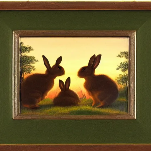 Image similar to painting of four baby bunnies an a green hill at sunset