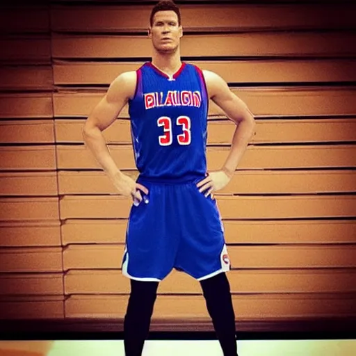 Image similar to “a realistic detailed photo of a guy who is an attractive humanoid who is half robot and half humanoid, who is a male android, basketball player Blake Griffin, shiny skin, posing like a statue, blank stare”