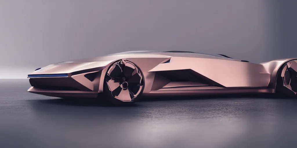 Prompt: a design of a futuristic vehicle, designed by Polestar, blade runner background, brushed rose gold car paint, black windows, dark show room, dramatic lighting, hyper realistic render, depth of field