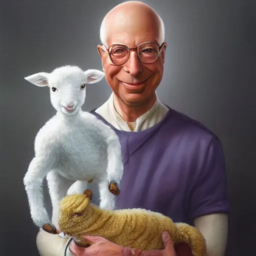 Prompt: a detailed fantasy character painting of Klaus Schwab holding an Android robot lamb dressed like Jesus Christ, by lauri blank, artgerm, evelyn de morgan, 8K, 50mm lens