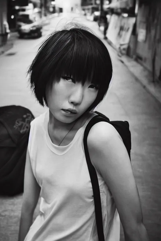 Image similar to a beautiful gorgeous Japanese edgy model girl with short hair, she's sad, sunset, street of Hong Kong, 80mm lens, 1.2 aperture, grainy image, close up, cinematic light, very detailed, depressing atmosphere, cover magazine