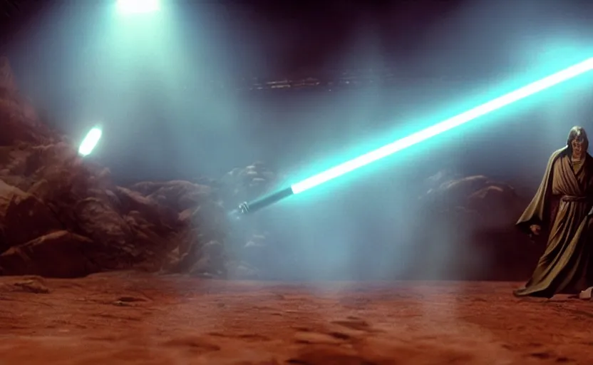 Prompt: iconic wide cinematic screenshot from the sith planet where lightsabers are made, from the thrilling scene from the 1 9 8 0 s lost jedi film, moody cinematography, foggy volumetric lighting, hyper detailed scene, anamorphic lenses 2 4 mm, lens flare, award winning