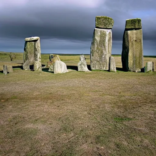 Prompt: A standing stone monument that looks like Stonehenge from some angles is really a rock giant that is pushing against the ground to stand up and walk away. Dirt is shifting and falling down the sides and a stone face is visible.