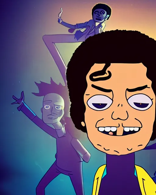 Image similar to portrait of michael jackson in the style of justin roiland. cinematic lighting. style of rick & morty. photographic, photography. by justin roiland