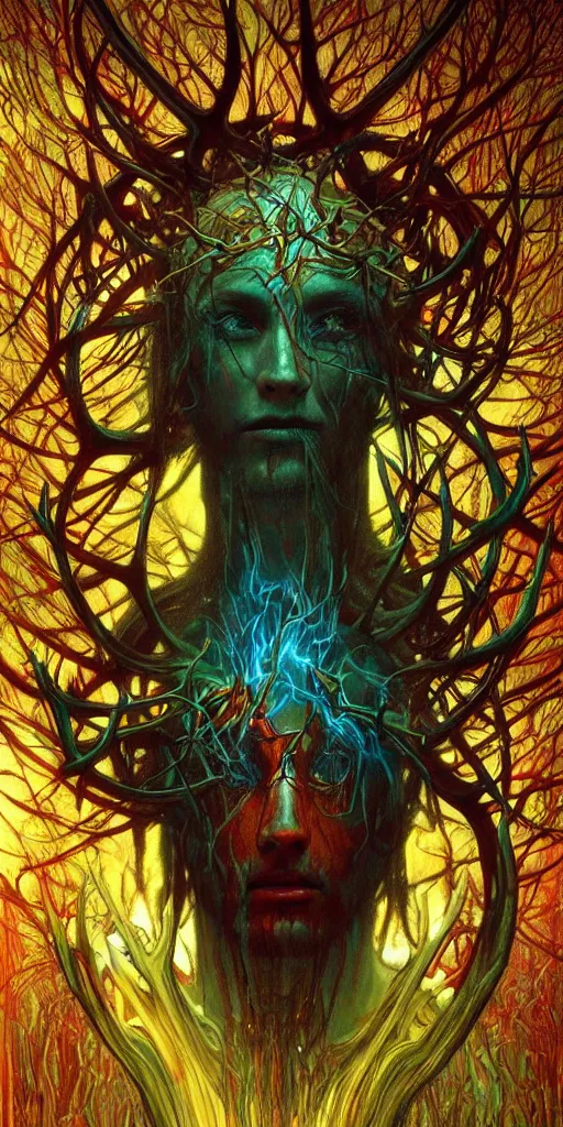 Image similar to intense glowing pagan god with antlers and veins and intense glowing eyes in very dark forest by karol bak and beksinski and alphonse mucha, portrait, fantasy, clear, light beams, lens flare, intense, uhd, red and teal and yellow, amazing depth, cinematic lighting