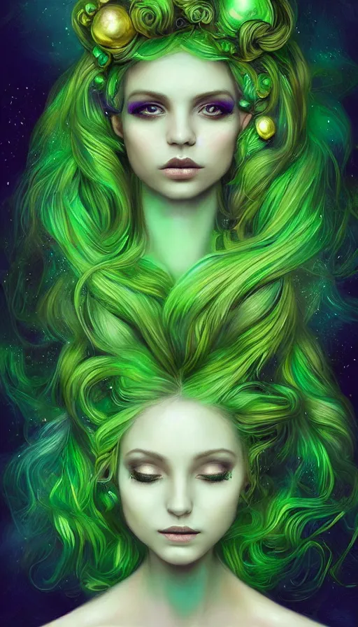 Image similar to unique portrait of magical green ork female , dark fantasy, gradient green black, dreamy and ethereal, (colour) eyes, one head, golden ratio, peaceful expression, ornate frilly dress, fantasy, intricate, elegant, rainbow bubbles, highly detailed, digital painting, artstation, concept art, smooth,b sharp focus, illustration, art by artgerm and greg rutkowski and alphonse mucha