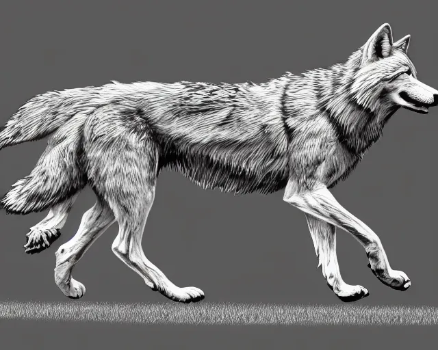 Image similar to digital art of a full-body outline of a running wolf, simple, no color, high quality, HD, 8K,