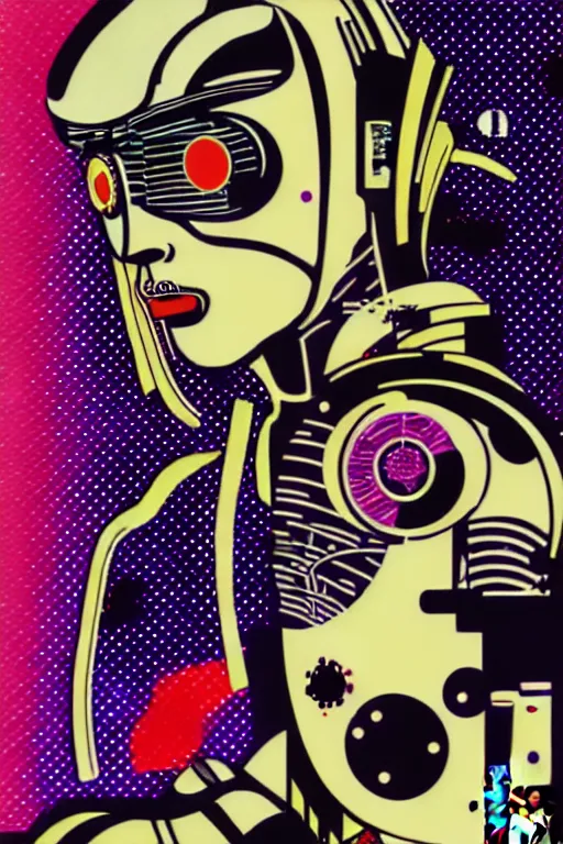 Image similar to futuristic japanese cyberpunk by roy lichtenstein, by andy warhol, ben - day dots, pop art, bladerunner, pixiv contest winner, cyberpunk style, cyberpunk color scheme, mechanical, high resolution, hd, intricate detail, fine detail, 8 k