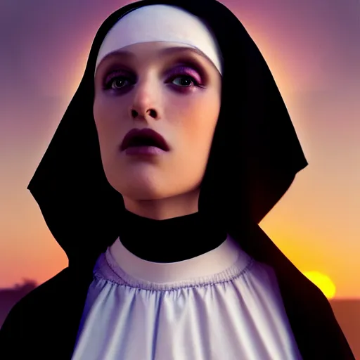 Image similar to photographic portrait of a stunningly beautiful goth nun female in soft dreamy light at sunset, contemporary fashion shoot, by edward robert hughes, annie leibovitz and steve mccurry, david lazar, jimmy nelsson, breathtaking, 8 k resolution, extremely detailed, beautiful, establishing shot, artistic, hyperrealistic, beautiful face, octane render