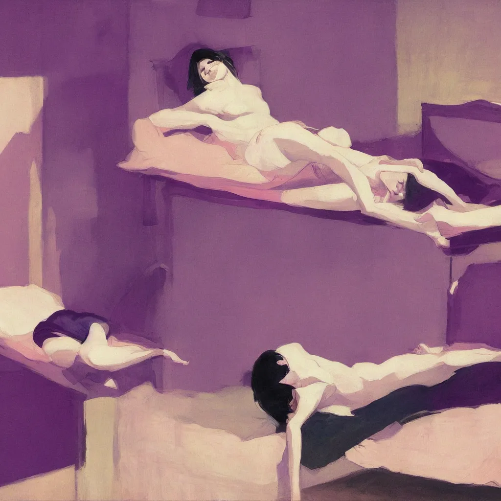 Prompt: a woman sleeps in levitation above her bed vibrant by akihiko yoshida and edward hopper, purple gradient