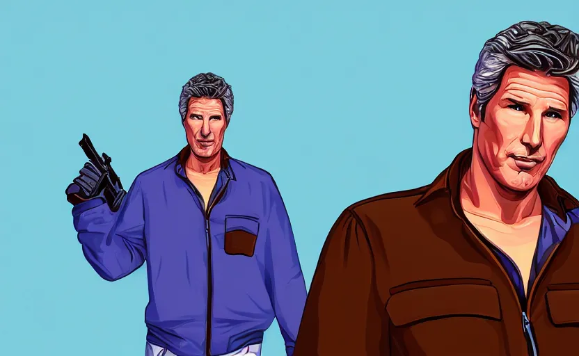 Prompt: richard gere in a grand theft auto loading screen, gta art style, illustration, beach, Miami, vice city, brown hair, facing camera