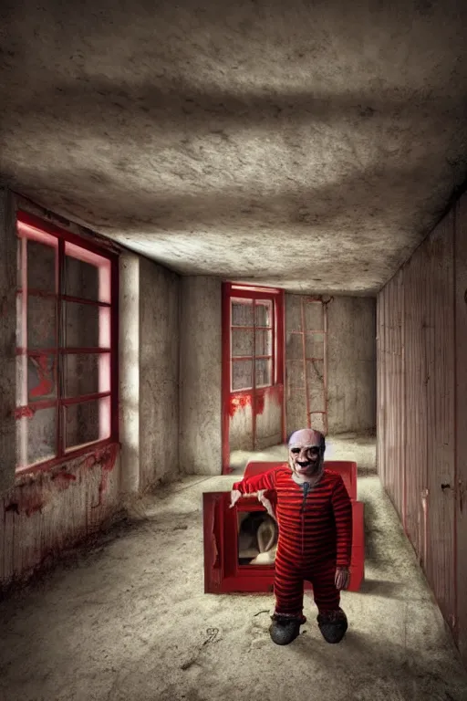 Image similar to room with 3 red windows, child with teeth all over his body except in the mouth, dystopian environment, by michal karcz in the style of chucky | freddy krueger style