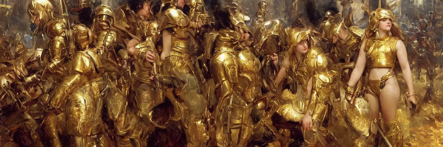 Image similar to a single young girl wearing a gold armor standing in a battlefirld, surrounded by dead bodies, extremely realistic and highly detailed painting by gaston bussiere and j. c. leyendecker 8 k