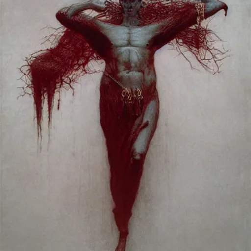 Prompt: a tall gaunt emaciated black robed god prince in crimson chitinous stag armor trimed in ivory by beksinski and Waterhouse