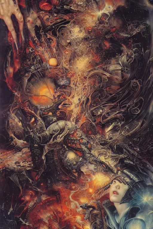 Prompt: outer space, past, human dinosaur, apocalypse, 8 k by ayami kojima, amano, karol bak, greg hildebrandt, and mark brooks, neo - gothic, intricate, rich deep colors. beksinski painting, part by adrian ghenie and gerhard richter. part by takato yamamoto. 8 k masterpiece