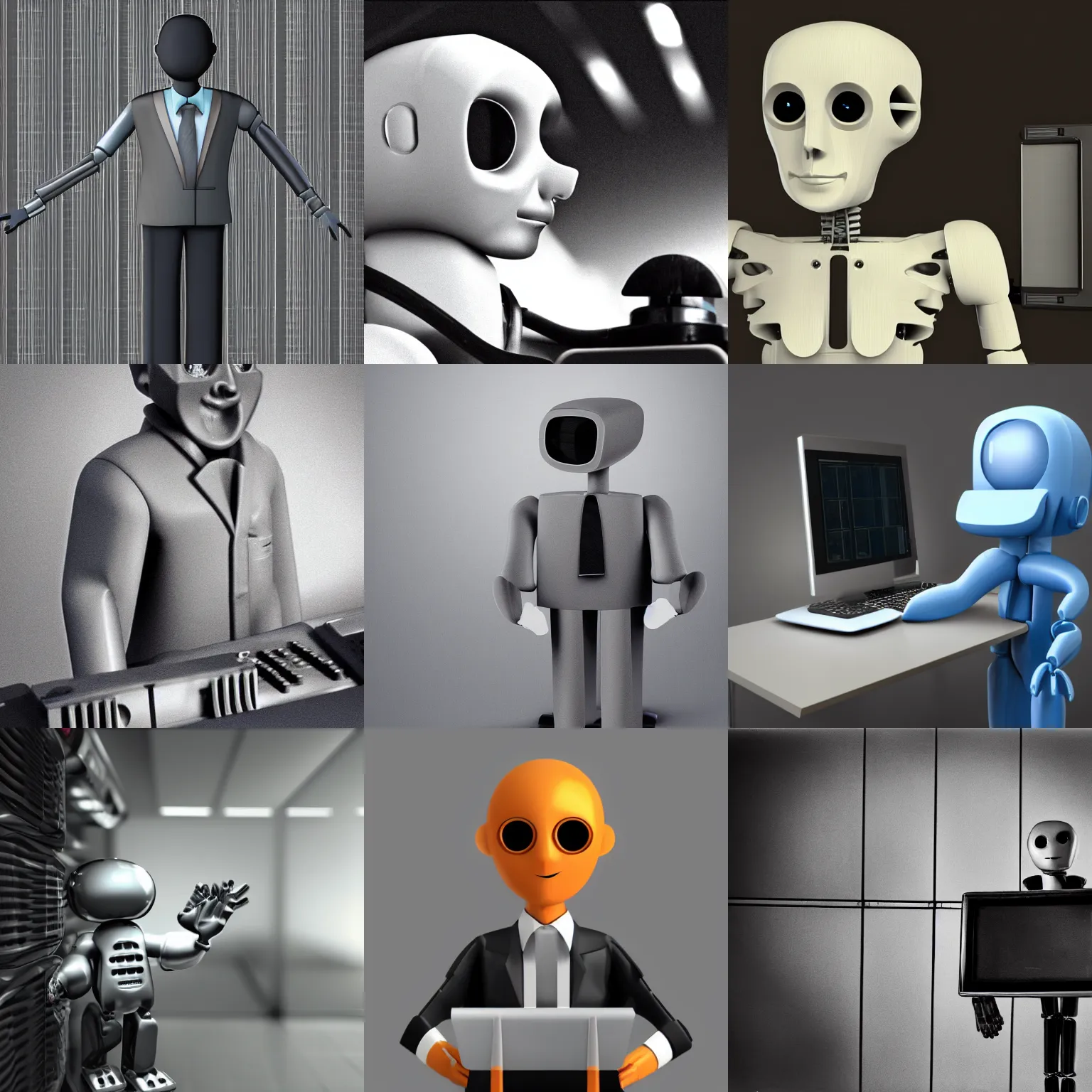 Prompt: an old computer humanoid in a business suit