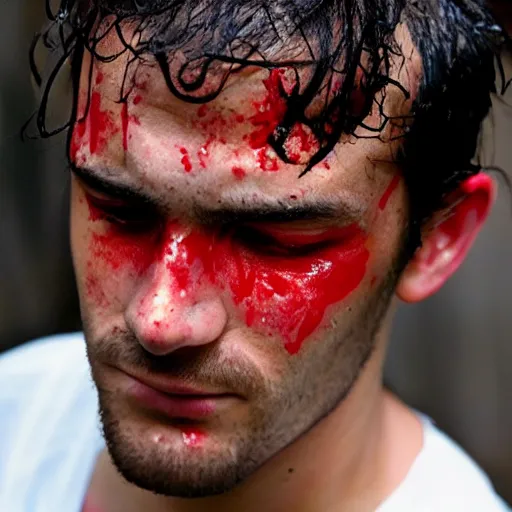 Prompt: a photograph of a beautiful attractive pretty gorgeous man with red wet blisters on his forehead.