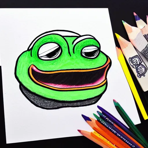 Image similar to pepe the frog from 4chan smirking, coloured pencil sketch in the style of matt furie feels good man, shadows, cool, hand drawn