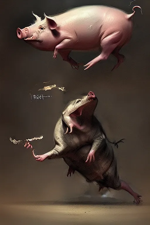 Image similar to pig dance by greg rutkowski, giger, maxim verehin, goya