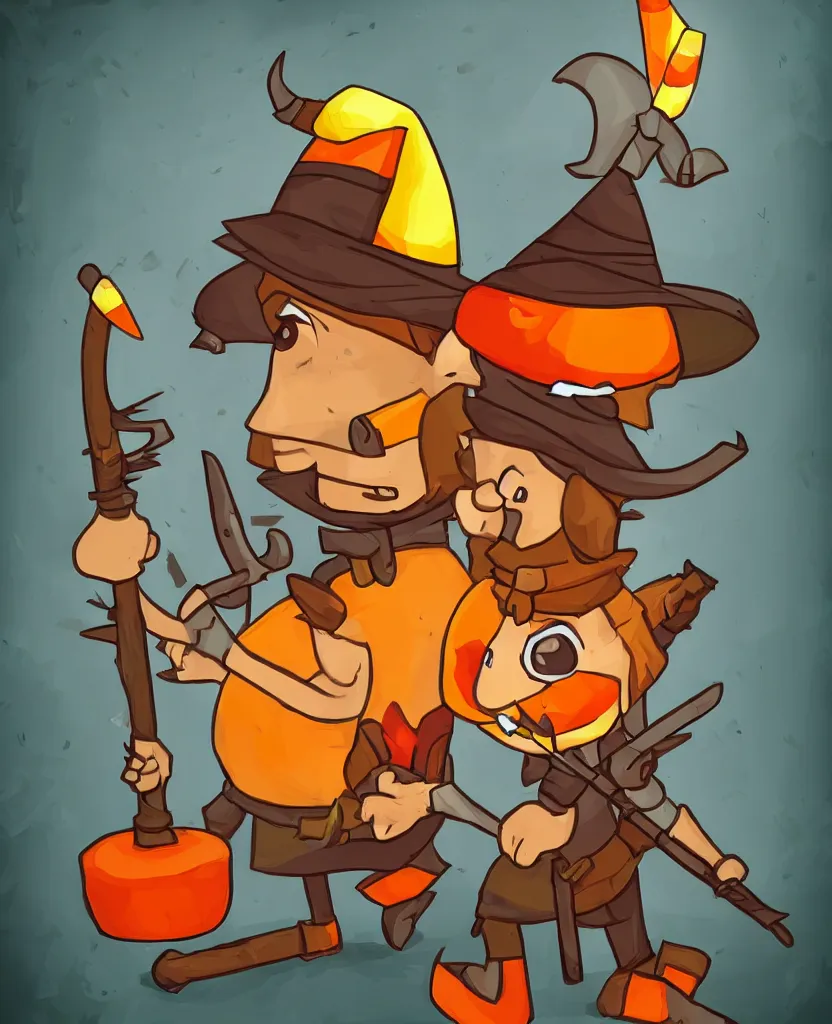 Prompt: a cartoon candy corn character holding a spear and wearing a hat, a character portrait by muggur, trending on deviantart, pop surrealism, 2 d game art, apocalypse art, by by joao artur da silva, tumblr contest winner, shock art