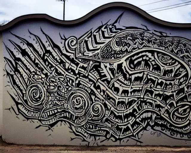 Image similar to a wall that has some lovecraftian graffiti on it inspired by wretched dragon rib cage.