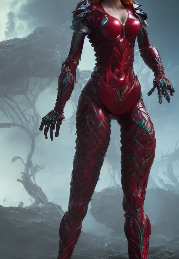 Image similar to vfx, octane render, zbrush, one beautiful anatomically correct woman, wearing spandex armour with flowing red hair and green eyes, super hero full body, walking towards the camera, volumetric lightning, highly detailed, concept art, art station, center of picture.