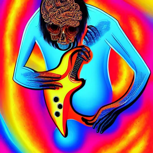 Image similar to psychedelic illustration of a guitar player melting on colors, alucination, trending on art station, masterpiece