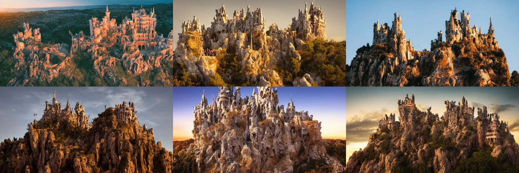 Prompt: photograph of a medieval castle sculpted on the middle of a cliff, designed by antoni gaudi and pixar, game of thrones style, evening at dusk, golden hour, cinematic, movie still, rule of thirds, golden ratio, phi