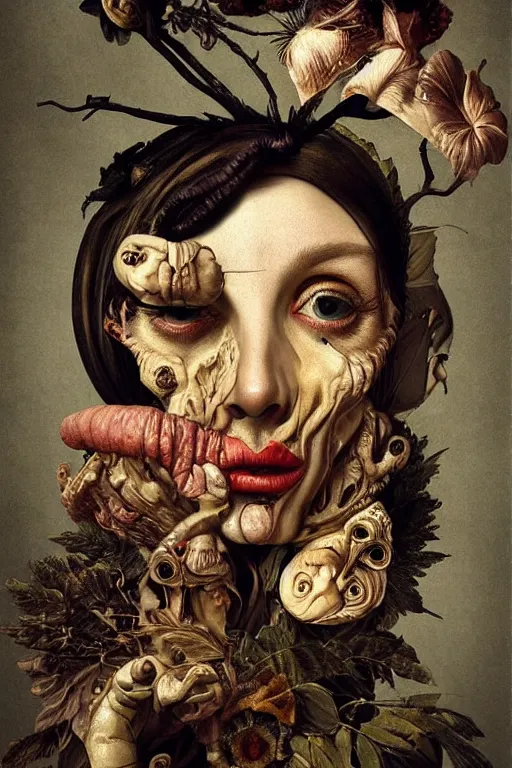 Image similar to Detailed maximalist portrait with large lips and with large wide eyes, surprised expression, surreal extra flesh and bones, HD mixed media, 3D collage, highly detailed and intricate, illustration in the golden ratio, in the style of Caravaggio, dark art, baroque