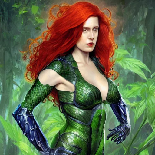 Prompt: full figure ultra realistic illustration, evan rachel wood as poison ivy wearing futuristic armor made of plants, highly detailed, digital painting, artstation, concept art, smooth, sharp focus, illustration, art by artgerm and greg rutkowski and alphonse mucha