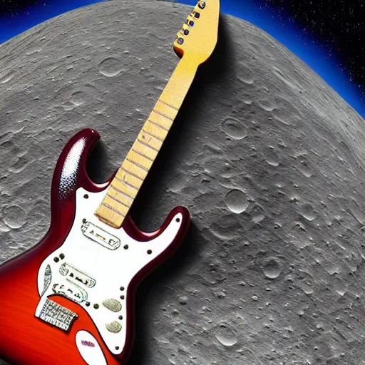 Prompt: detailed realistic idle regular sized electric guitar next to a detailed realistic idle regular sized beer can on the moon surface. detailed photo. realistic photo