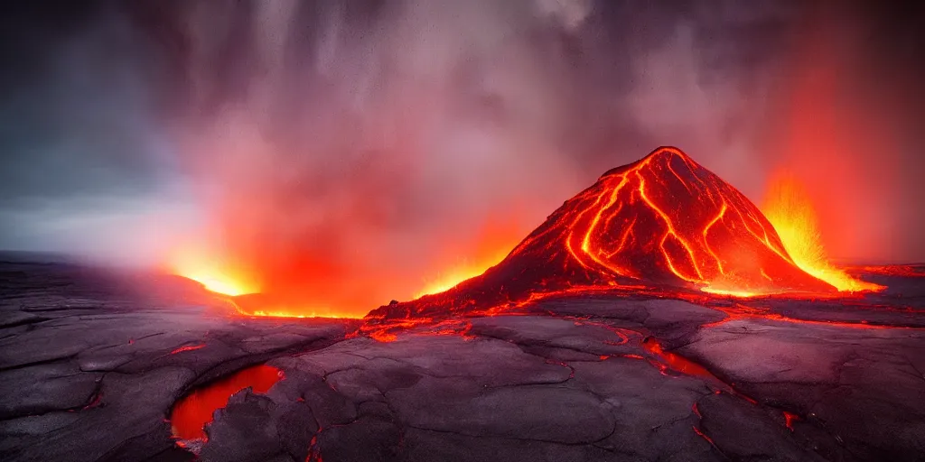 Prompt: landscape photography by marc adamus, lava lake, dramatic lighting, volcanoes, smoke, beautiful, reflections, shadows