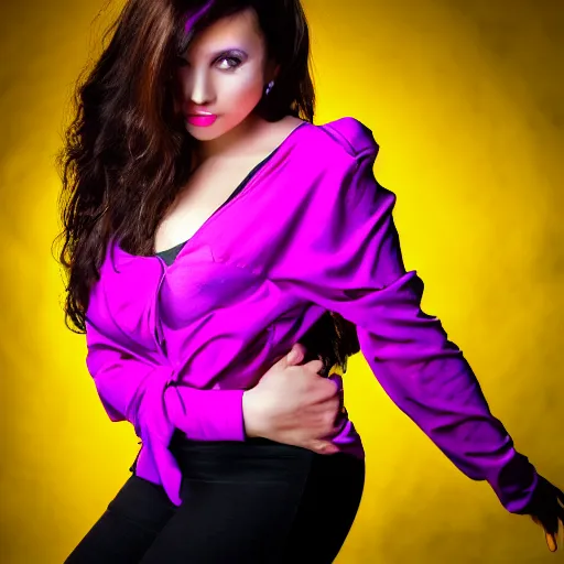 Image similar to professional photoshoot. 3 point lighting. key light magenta, rim light purple, fill light magenta. super attractive female glamour model in photo studio with yellow paper backdrop. aspect ratio wallpaper