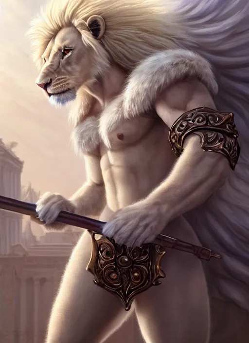 Image similar to aesthetic portrait commission of a of a male fully furry muscular anthro albino lion with a tail and a beautiful attractive hyperdetailed face, wearing ancient roman attractive gladiator outfit in a sci-fi dystopian roman coliseum at golden hour with crowds of people watching in the stadiums behind him. Character design by charlie bowater, ross tran, artgerm, and makoto shinkai, detailed, inked, western comic book art, 2021 award winning film poster painting