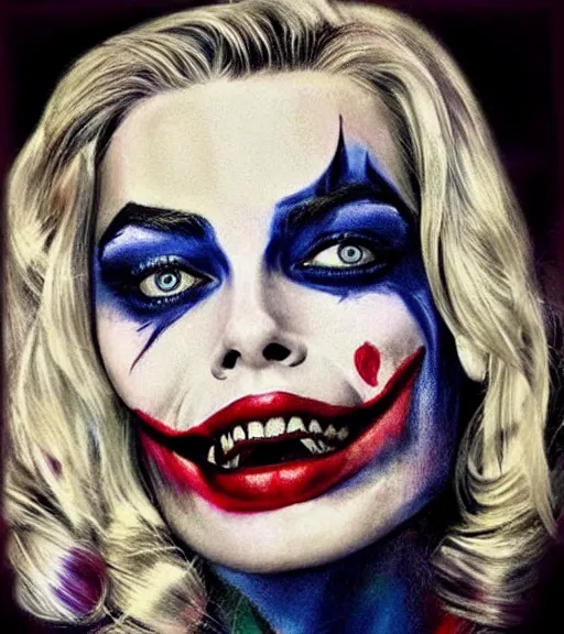 Image similar to tattoo design sketch of beautiful margot robbie portrait with joker makeup, in the style of den yakovlev, realistic face, black and white, realism tattoo, hyper realistic, highly detailed, award winning drawing