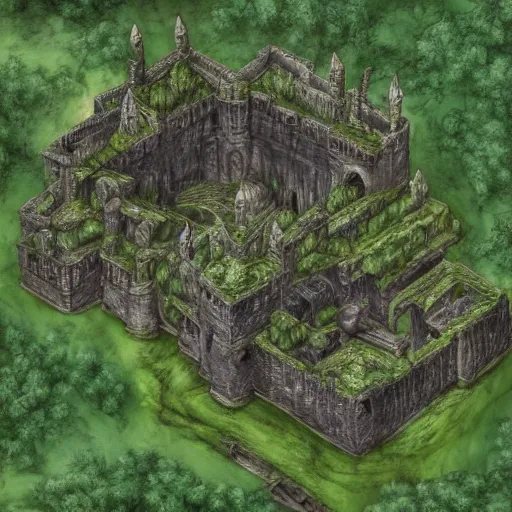 Image similar to , dnd dungeon map of giant ancient castle in an forest with some ivy plants on the walls, cinematic, epic, dramatic lighting from above, dark, vines, fantasy, dust, unreal engine, octane, highly detailed, concept art, dark, super realistic,