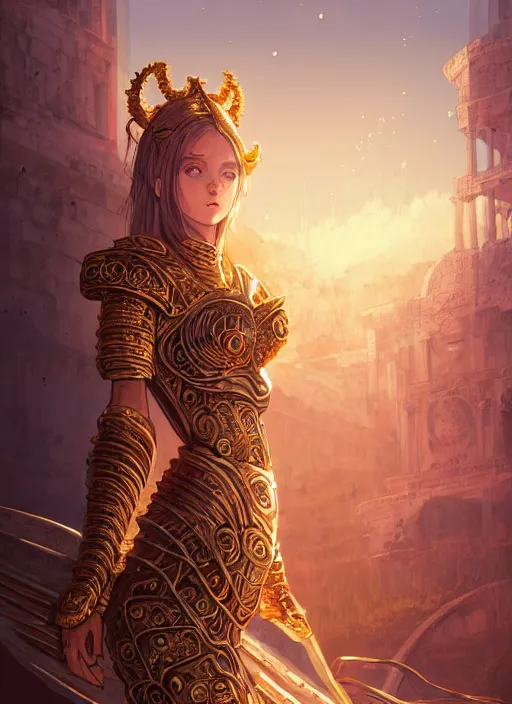 Prompt: portrait knights of zodiac girl, golden and copper shining armor, in ruined agora of athens sunrise, ssci - fi and fantasy, intricate and very very beautiful and elegant, highly detailed, digital painting, artstation, concept art, smooth and sharp focus, illustration, art by ilya kuvshinov and z - - ed and tian zi and wlop