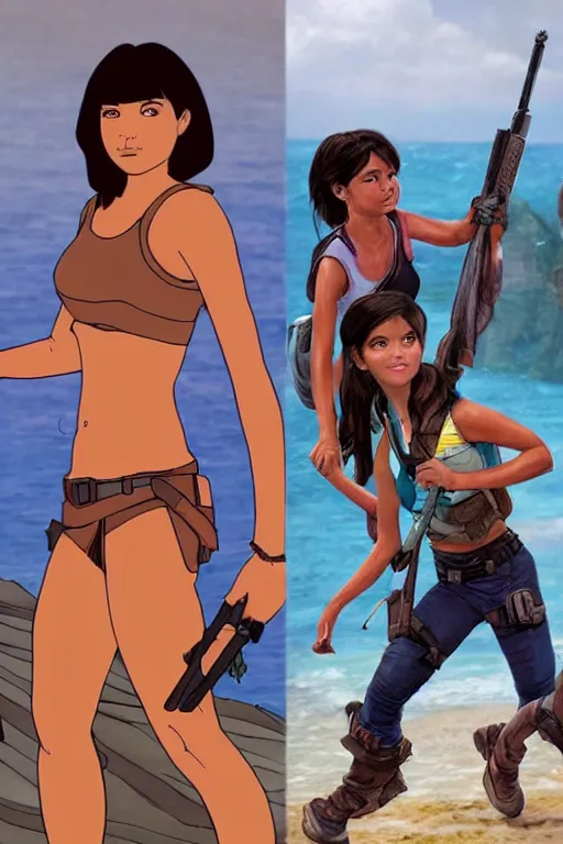 Image similar to Isabela Merced as Dora the Explorer vs Angelina Jolie as Lara Croft, movie concept art, film by Michael Bay